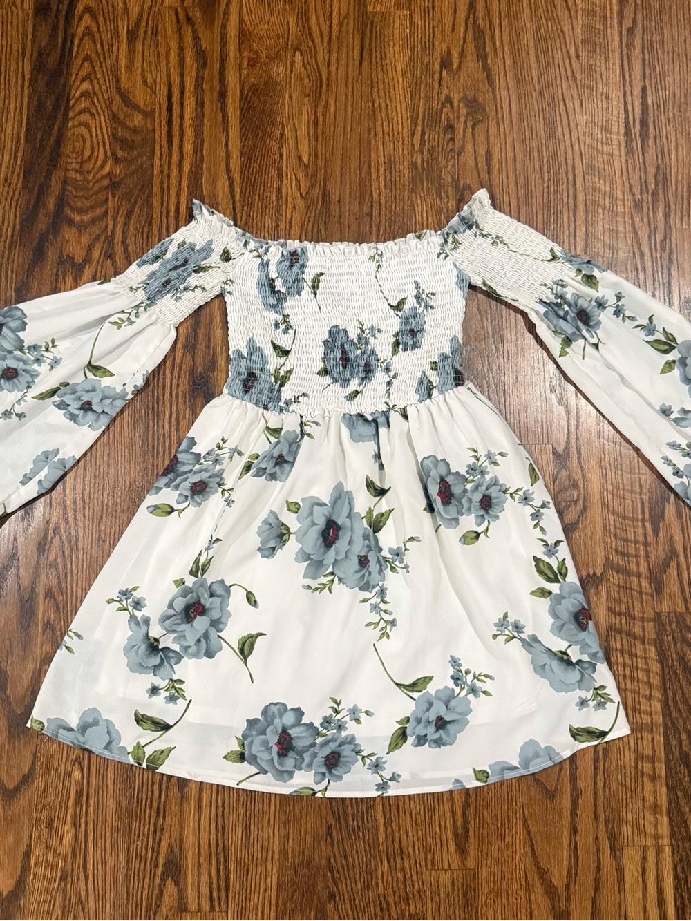 Off-Shoulder White Dress with Blue Floral Print